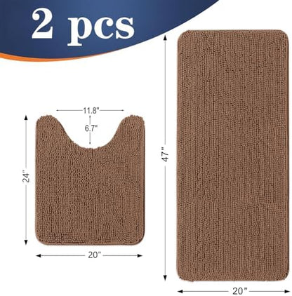 OLANLY Chenille Bathroom Rugs Mats Sets 2 Piece, 47"x20"+24"x20", Mocha