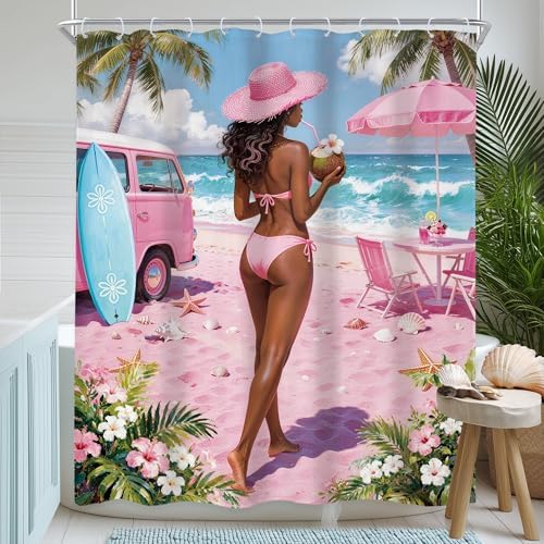 Coastal Fish Seashell Pink Summer Beach Coconut Bathroom Shower Curtain Set