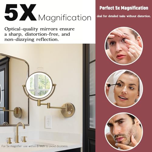 Makeup Mirror Wall Mounted with Lights, 5X Magnification, Antique Brass