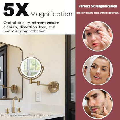 Makeup Mirror Wall Mounted with Lights, 5X Magnification, Antique Brass