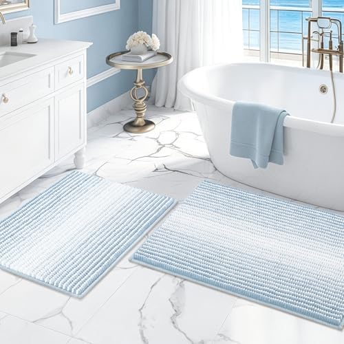 BSICPRO Bathroom Rugs Sets 2 Piece, Non Slip Striped Bath Mats, Ice Blue