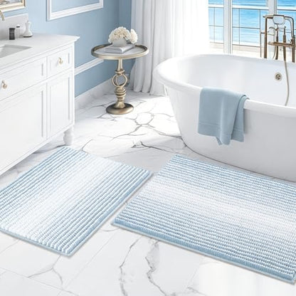 BSICPRO Bathroom Rugs Sets 2 Piece, Non Slip Striped Bath Mats, Ice Blue