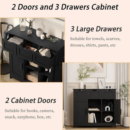 Sideboard Floor Storage Cabinet - Wooden Storage Organizer with 2 Doors and 3 Drawers, Free Standing Accent Buffet Cabinet with Adjustable Shelves for Living Room, Kitchen, Bathroom (Black)
