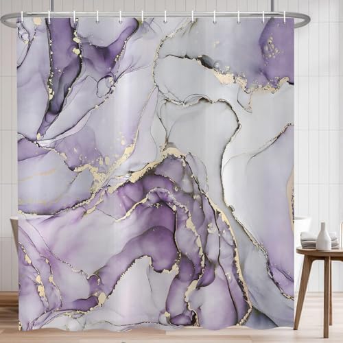 Purple Marble Shower Curtain, Modern Abstract Luxury Purple Gold Ink Texture Watercolor Art Bathroom Curtains Ombre Machine Washable Waterproof Fabric Bathtub Curtain Set with Hooks 60" Wx72 L