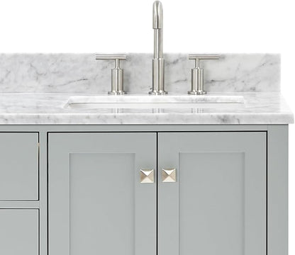 ARIEL Cambridge 66-inch Bathroom Vanity with Sink,Solid Wood, 0.75-inch Italian Carrara Marble Countertop, Double Rectangular Porcelain Sink, 4 Soft Closing Doors, 6 Dovetail Drawers, Grey