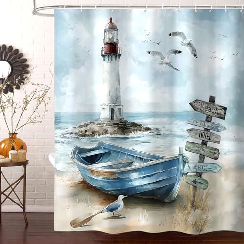 Nautical Coastal Shower Curtain, Ocean Beach Lighthouse Shower Curtain, Blue Teal Seasides Sailboat Bathroom Accessories Fabric Waterproof with Hooks, 72X72in