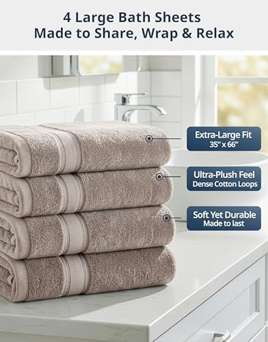 LANE LINEN Large Bath Sheets Oversized Soft Absorbent 4 Pack - Platinum