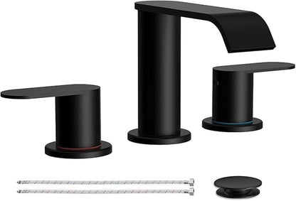 Homevacious Matte Black Waterfall Bathroom Faucet for Sink 3 Hole 8 Inch Widespread Bathroom Sink Faucets with Pop-up Drain Supply Lines Stainless Steel 2-Handle Bathroom Sink Faucet for Bath Vanity