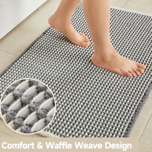 TYUU Waffle Bath Mat, Boho Bathroom Rugs Non Slip, 30x20 Grey & White