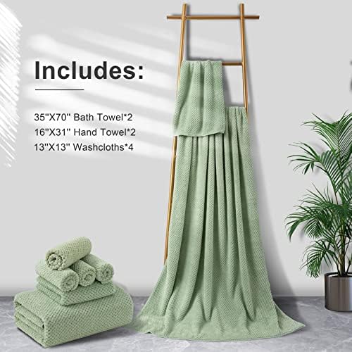 8-Piece Bath Towel Set, 2 Extra Large Bath Towel Sheets, 2 Hand Towels and 4 Washcloths - Highly Absorbent Quick Dry Polyester,Ultra Soft Towel Set for Bathroom, Waffle Weave Design, Pack of 8, Green