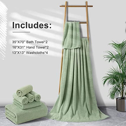8-Piece Bath Towel Set, 2 Extra Large Bath Towel Sheets, 2 Hand Towels and 4 Washcloths - Highly Absorbent Quick Dry Polyester,Ultra Soft Towel Set for Bathroom, Waffle Weave Design, Pack of 8, Green