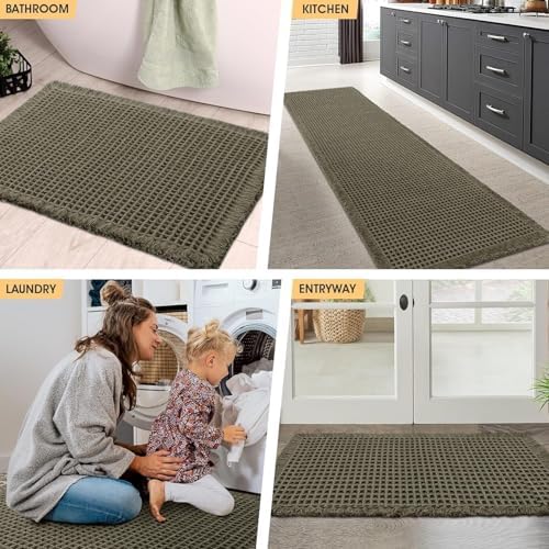 IM HOME Waffle Bath Mat Set 2 Piece Olive Green,Woven Modern Bath Rug Mats, Absorbent Non Slip Bath Floor Mat, Soft Washable Boho Bath Rugs with Tassels for Bathroom, Bedroom, Kitchen,Tub