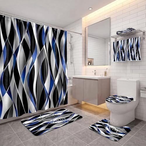 Honoson 8 Pcs Black Blue White Striped Shower Curtain Bathroom Set