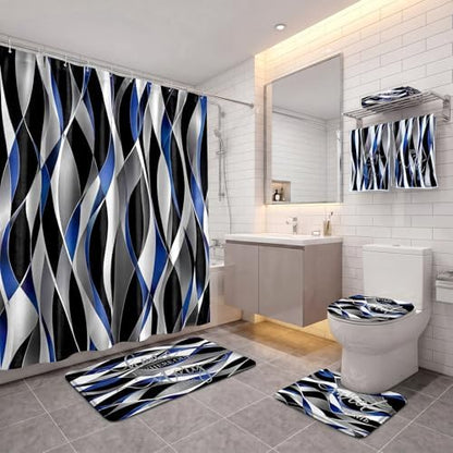 Honoson 8 Pcs Black Blue White Striped Shower Curtain Bathroom Set