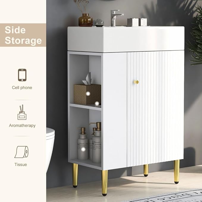 22" Small Bathroom Vanity with Sink, Morden Bathroom Vanities with Soft-Close Door and Open Shelf, Freestanding Narrow Vanity for Compact Space-Saving Bathrooms (White,22" Freestanding Left Shelf)
