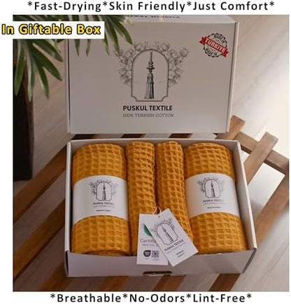 PÜSKÜL Natural 100% Turkish Cotton Waffle Towels Set of 4-Piece, Mustard Y.