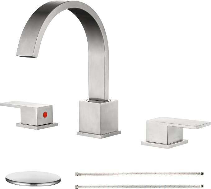 Widespread Brushed Nickel Bathroom Faucets, Waterfall Nickel Stainless Steel Bathroom Faucet for Sink 3 Hole, Vanity Lavatory Faucets with Drain & Water Hoses, 8 Inch, Lead-Free, 360° Swivel
