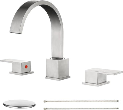 Widespread Brushed Nickel Bathroom Faucets, Waterfall Nickel Stainless Steel Bathroom Faucet for Sink 3 Hole, Vanity Lavatory Faucets with Drain & Water Hoses, 8 Inch, Lead-Free, 360° Swivel