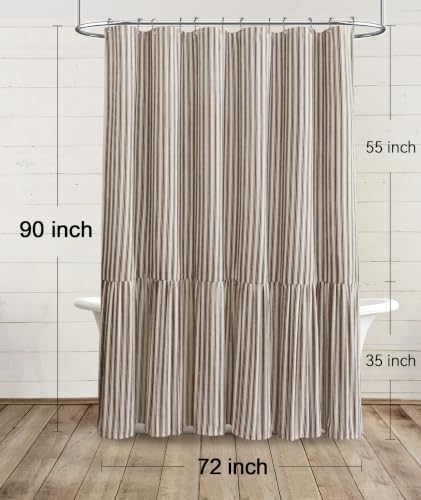 Farmhouse Shower Curtain Ruffle Linen Cream-Brown Stripe 72"W x 90"L