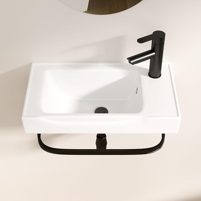 Logmey 19 Inch Wall Mount Bathroom Sink 19-1/2"x11" Rectangule Floating Sink White Porcelain Ceramic Wall Mounted Vessel Sink Wash Hand Basin with Bracket