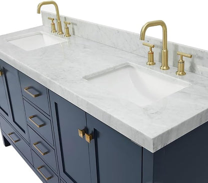 ARIEL Cambridge 72-inch Bathroom Vanity with Sink,Solid Wood, 2-inch Italian Carrara Marble Countertop, Double Rectangular Porcelain Sink, 4 Soft Closing Doors, 6 Dovetail Drawers, Midnight Blue