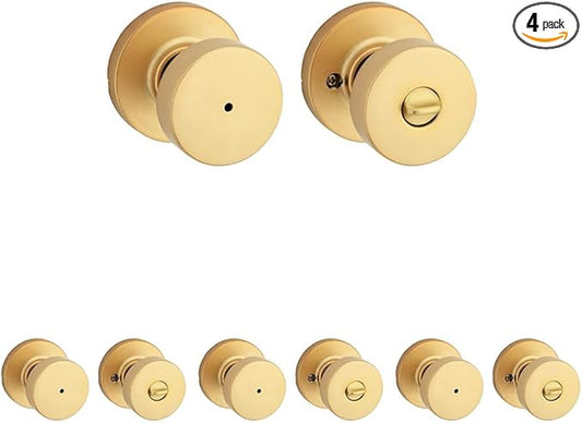 Kwikset Pismo Interior Privacy Door Knob with Lock, Door Handle for Bathroom and Bedroom, Satin Brass, Round, Keyless Turn Lock Doorknob, Microban Protection (Pack of 4)