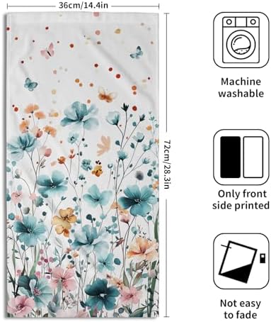 Teal Green Yellow Floral Hand Towels 14x28 Inch 2Pcs Watercolor Nature Flowers Absorbent Soft Fingertip Tea Towel Dish Washcloth for Sports Gym Yoga Kitchen Bathroom Home Decor
