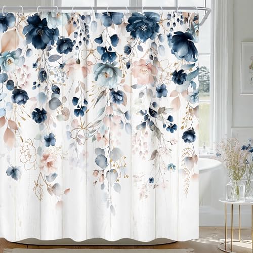Rustic Floral Spring Summer Blue Pink Bathroom Shower Curtain Set