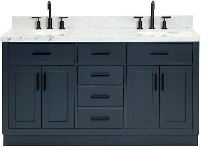 ARIEL Hepburn 60-inch Bathroom Vanity with Sink,Solid Wood, 1.5-inch Italian Carrara Marble Countertop, Double Oval Porcelain Sink, 4 Soft Closing Doors, 6 Dovetail Drawers, Midnight Blue