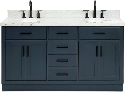 ARIEL Hepburn 60-inch Bathroom Vanity with Sink,Solid Wood, 1.5-inch Italian Carrara Marble Countertop, Double Oval Porcelain Sink, 4 Soft Closing Doors, 6 Dovetail Drawers, Midnight Blue