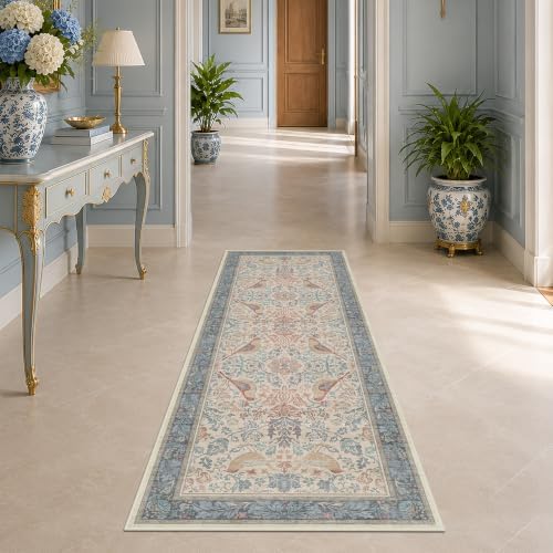 Red Blue Cream Vintage 2x6 Hallway Runner Rug - Traditional Oriental Kitchen Rug for Floor, Washable Low Pile Carpet for Bedroom Under Bed, Non-Slip Stain & Fade Resistant