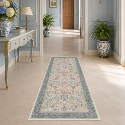 Red Blue Cream Vintage 2x6 Hallway Runner Rug - Traditional Oriental Kitchen Rug for Floor, Washable Low Pile Carpet for Bedroom Under Bed, Non-Slip Stain & Fade Resistant