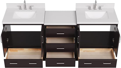 ARIEL Stafford 84-inch Bathroom Vanity with Sink,Solid Wood, 1.5in Pure White Quartz Countertop & Backsplash, Double Rectangular Porcelain Sink, 4 Soft Closing Doors, 5 Dovetail Drawers, Espresso