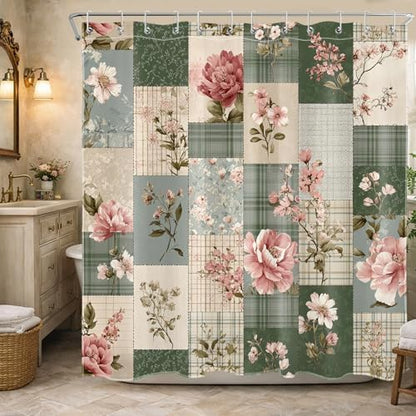 Retro Floral Patchwork Shower Curtain, Pink and Green, 72x72 inch