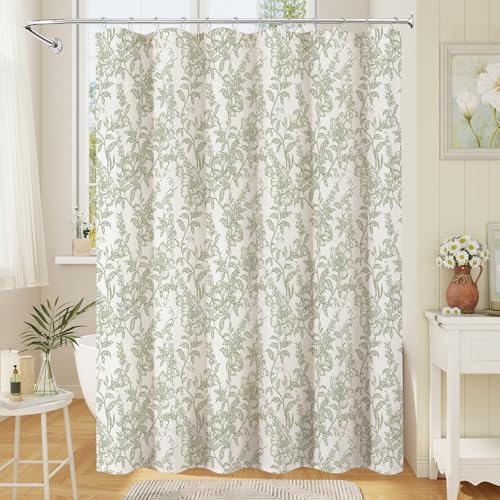 Sage Boho Linen Fabric Shower Curtain , Farmhouse Floral For Bathroom