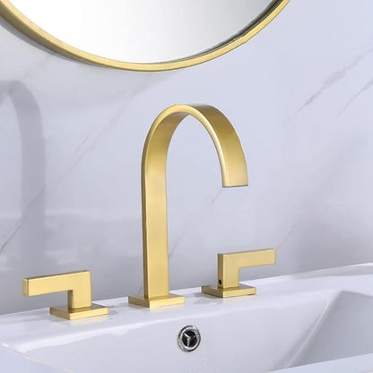 3 Hole Bathroom Faucet Hot and Cold Double Handle Waterfall(Brushed Gold)