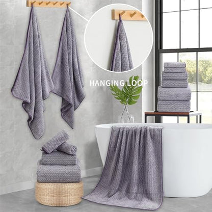 Ultra Soft Bath Towel Set,12 Piece (4 Bath Towels,4 Hand Towels,4 Washcloths) Family Bathroom Towels Set with Hanging Loop,Quick Dry Extra Absorbent Shower Towel for Bathroom,Hotel,Spa-Dark Purple