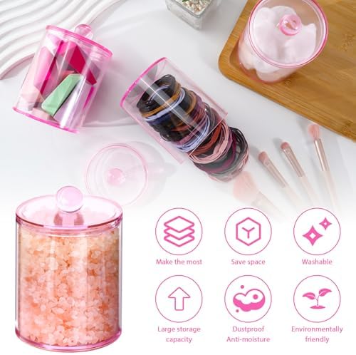 6 Pcs Acrylic Qtip Holder, Cotton Ball Holder Jars with Lids, Pink
