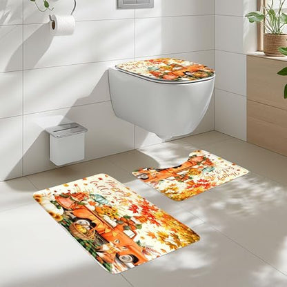 Autumn Fall Pumpkin Maple Leaves 4Pcs Bathroom Shower Curtain Set with Rugs