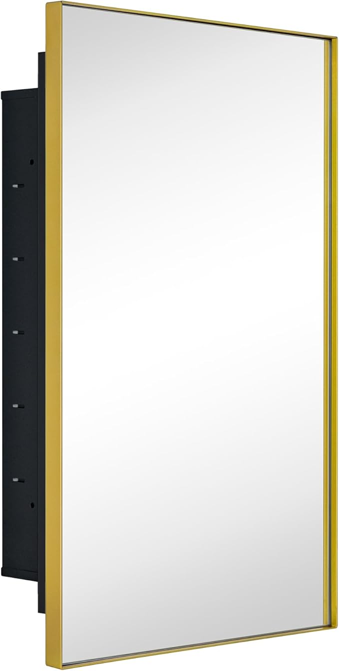 TEHOME Recessed Mount 16x26'' Squared Rectangle Brushed Gold Bathroom Medicine Cabinet with Mirror Gold Metal Framed Rectanglular Medicine Cabinet 2 Adjustable Glass Shelves