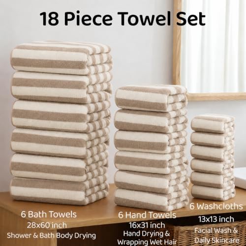 18 Pcs Light Brown Beige Cabana Stripe Bath Towel Set with Hanging Loop-6 Bath Towels,6 Hand Towels,6 Washcloths Family Towels Soft Microfiber Highly Absorbent Shower Towel for Bathroom Beach Spa Gym
