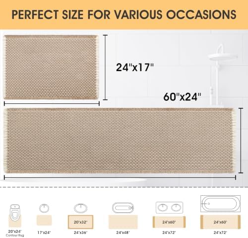 IM HOME Waffle Bath Mat Set Beige & White 2 Piece,Woven Modern Bath Rug Mats, Absorbent Non Slip Bath Floor Mat, Soft Washable Boho Bath Rugs with Tassels for Bathroom, Bedroom, Kitchen,Tub