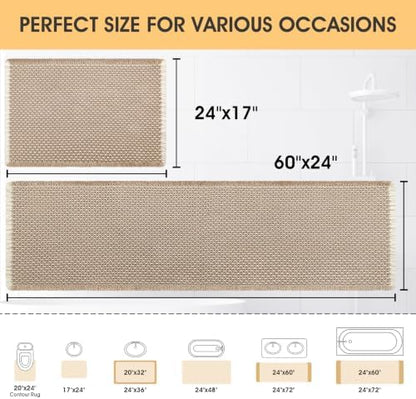 IM HOME Waffle Bath Mat Set Beige & White 2 Piece,Woven Modern Bath Rug Mats, Absorbent Non Slip Bath Floor Mat, Soft Washable Boho Bath Rugs with Tassels for Bathroom, Bedroom, Kitchen,Tub