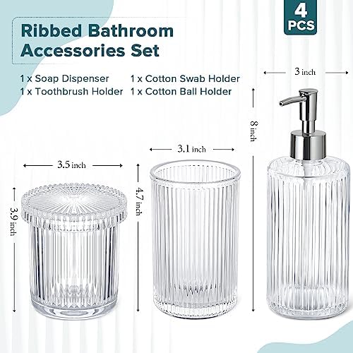 RYTOXILO Bathroom Accessories Set, 4 Pack Clear Glass Bath Accessory Sets Complete, Ribbed Soap Dispenser and Toothbrush Holder Set with 2 Qtip Holders, Modern Sliver Bathroom Counter Decor