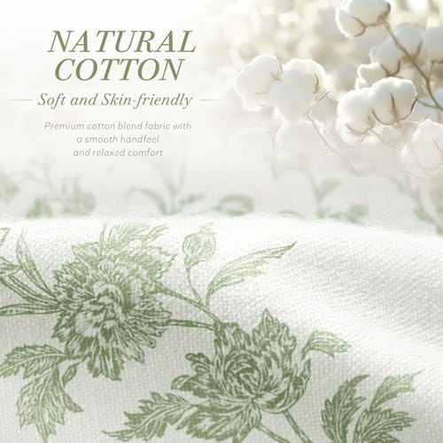 Sage Green Floral Shower Curtain,Vintage Cotton Cottagecore Shower Curtains for Bathroom, 72" W x 72" L