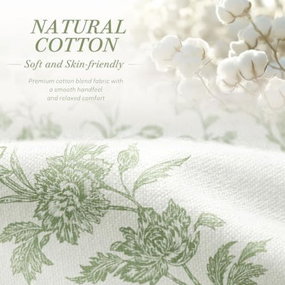 Sage Green Floral Shower Curtain,Vintage Cotton Cottagecore Shower Curtains for Bathroom, 72" W x 72" L