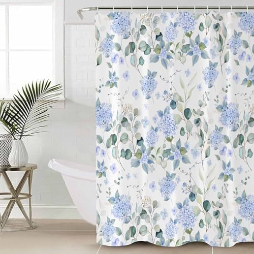 Shower Curtain Bathroom Set Summer Watercolor Blue Hydrangea Waterproof Fabric Shower Curtains with Grommets&Hooks Pastoral Eucalyptus Leaf Privacy Bath Curtain for Bathtub Decor 72x78IN