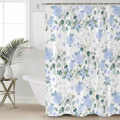 Shower Curtain Bathroom Set Summer Watercolor Blue Hydrangea Waterproof Fabric Shower Curtains with Grommets&Hooks Pastoral Eucalyptus Leaf Privacy Bath Curtain for Bathtub Decor 72x78IN