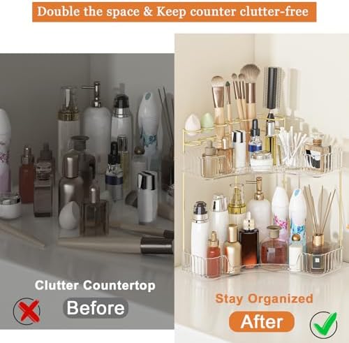 Webetop Corner Makeup Organizer 2 Tier Bathroom Storage with Brush Holder