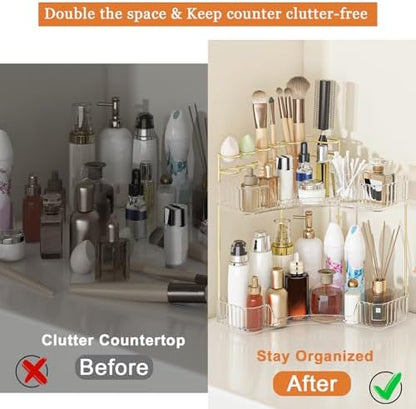 Webetop Corner Makeup Organizer 2 Tier Bathroom Storage with Brush Holder